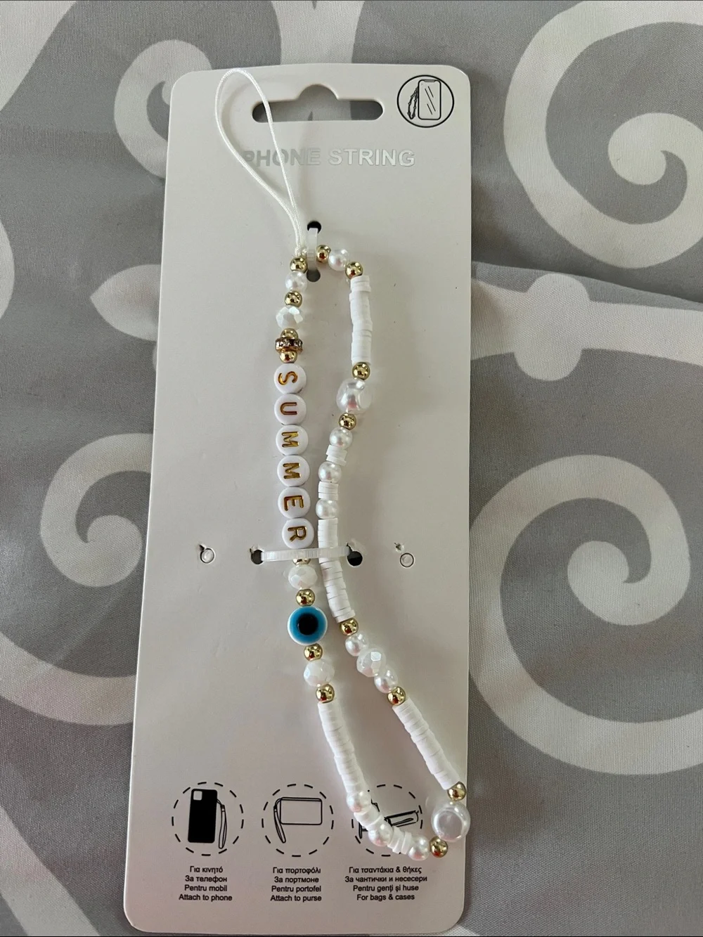 NWT Summer Beaded Phone Strap - White, Gold & Blue Accent